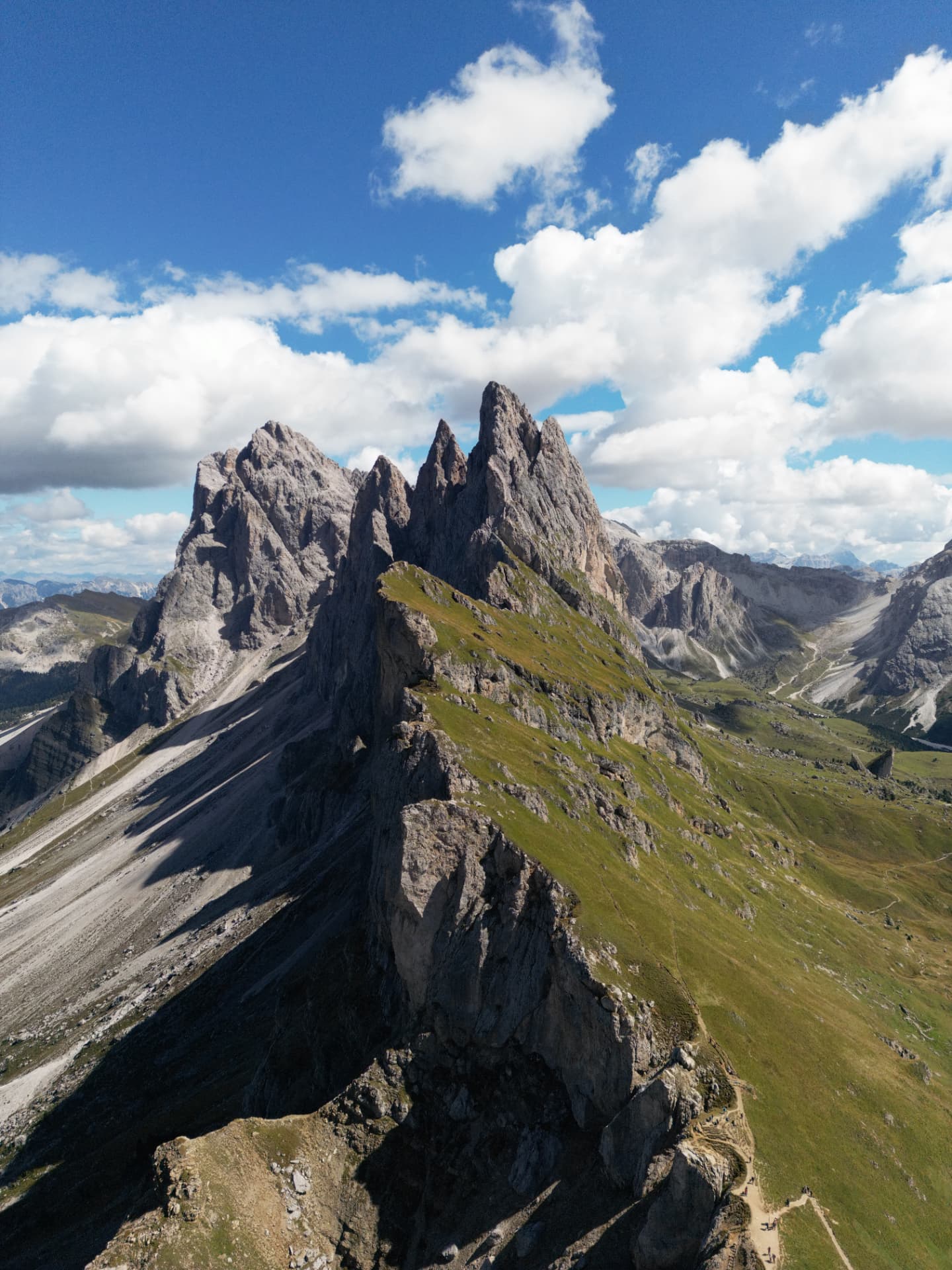 Aerial view of the jagged Seceda ridge in the Dolomites