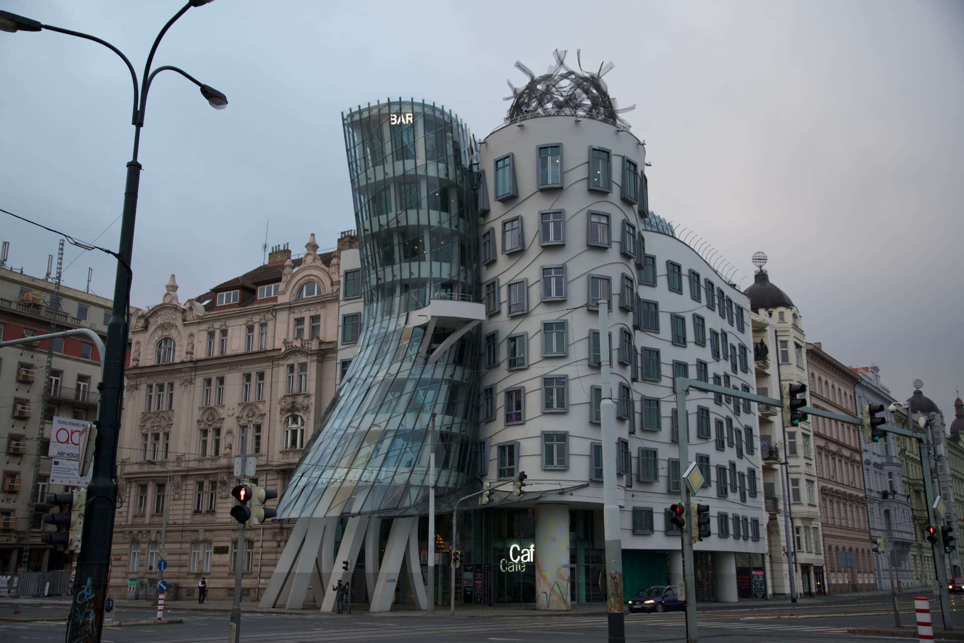 The Dancing House in Prague in blue morning light